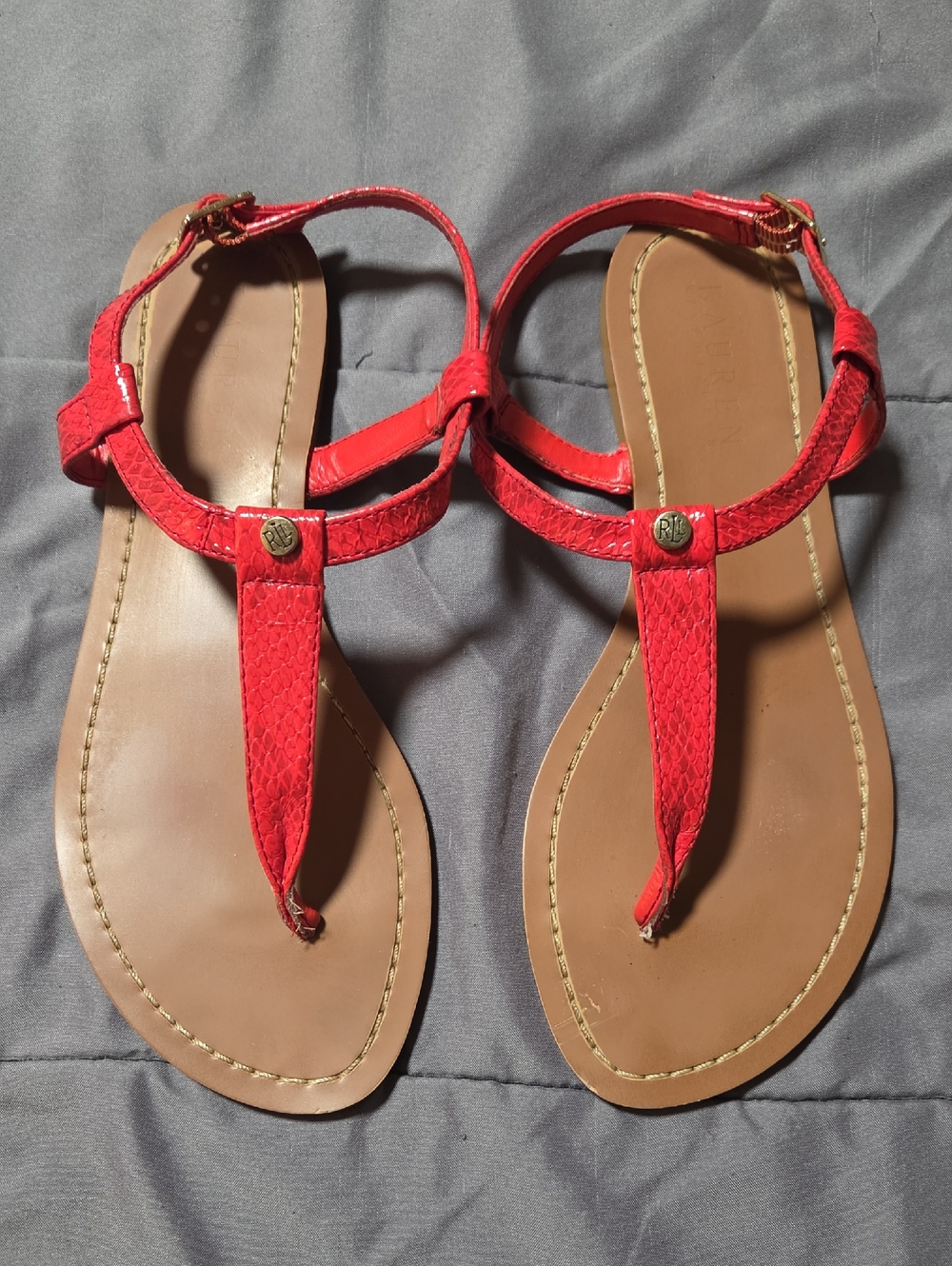Ralph Lauren Red T-Strap Leather Sandals